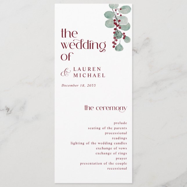 Programa Casamento Simples de Inverno Moderno em Borgonha (Frente)