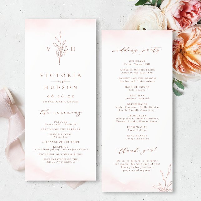 Programa casamento simples de monograma botânico rosa gold (Rose gold simple botanical monogram wedding program)