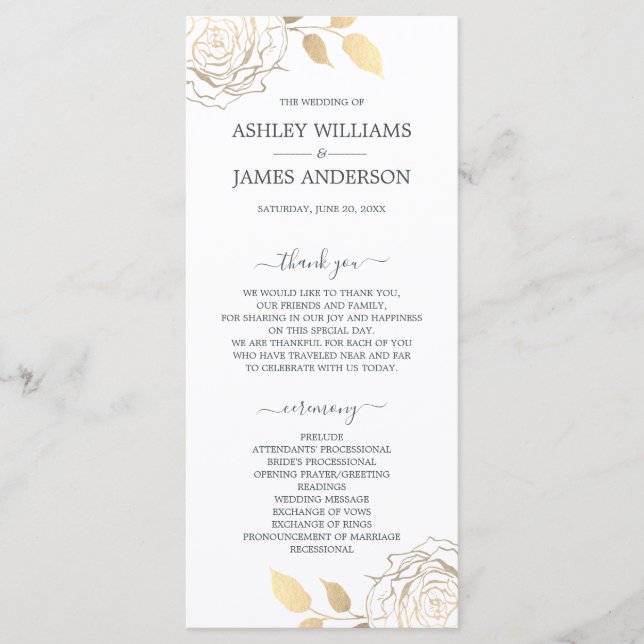 Programa Casamento Simples De Rosa Floral Dourado De Script (Frente)