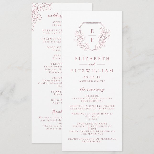 Programa Casamento Simples do Monograma do Blossom de Cerej (Frente/Verso)