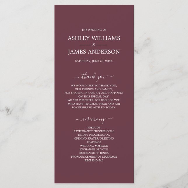 Programa Casamento Simples Mínimo do Script Chic Burgundy (Frente)