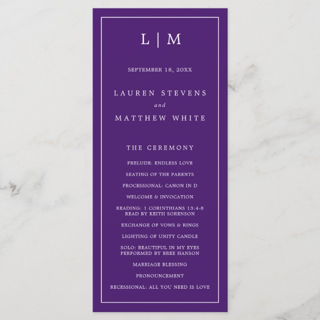 Programa Casamento Simples Monograma Roxo Elegante (Frente)