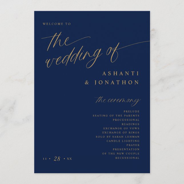 Programa Casamento Soft Romântico Azul Escuro e Dourado (Frente)