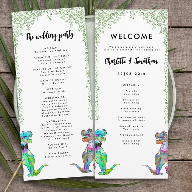 Programa Casamento Temático de Dinossauros Coloridos (Colorful T-Rex bride and groom dinosaur wedding day program)