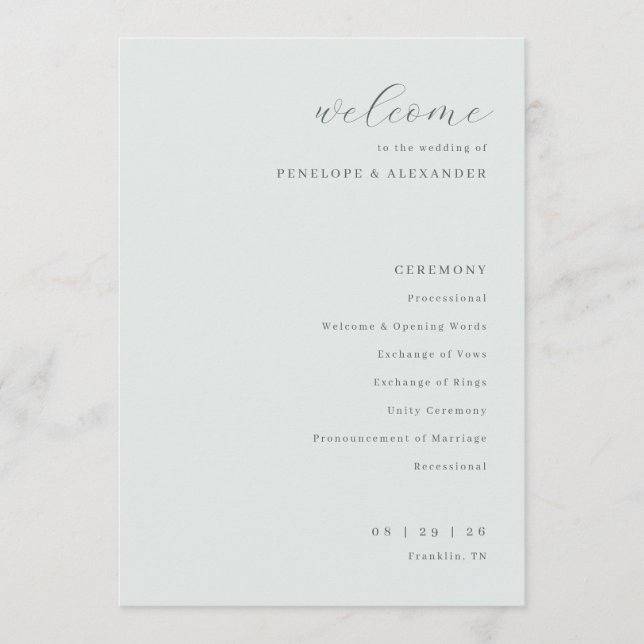 Programa Casamento Tipográfico Sofisticado de Hortelã (Frente)