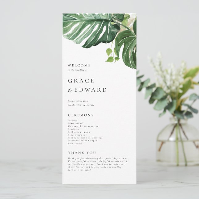 Programa Casamento Tropical de Monstera em Aquarela (Em pé/Frente)