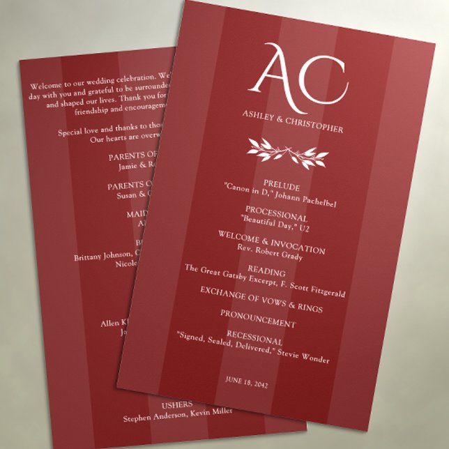 Programa Casamento Vermelho de Rosewood Striped Montograma  (Criador carregado)