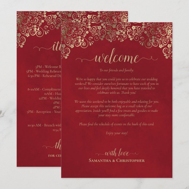 Programa Casamento Vermelho & Ouro Bem-vindo e Itinerário E (Frente/Verso)