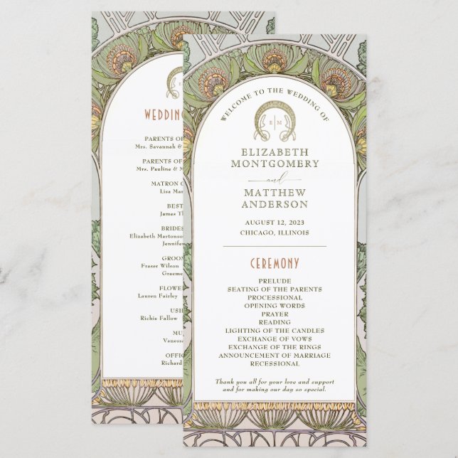 Programa casamento vintage Art Nouveau de Mucha (Frente/Verso)