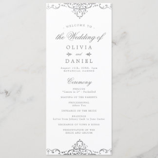 Programa Casamento vintage ornamentado romântico de prata