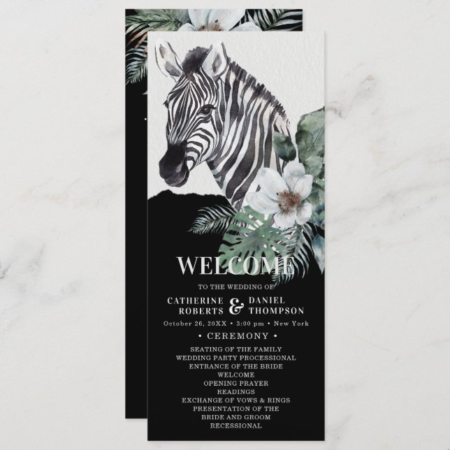 Programa Casamento Watercolor Floral Wild Zebra Safari (Frente/Verso)