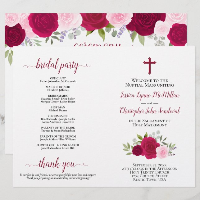 Programa Católico de Casamento de Rosas Magenta e  (Frente/Verso)