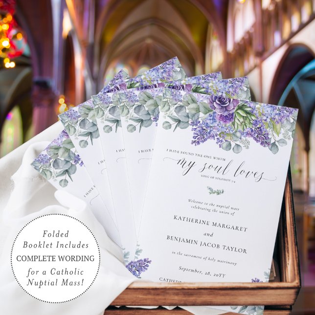 Programa Católico de Casamentos de Católicas de Ka (Elegant folded Catholic wedding program for full nuptial mass with purple succulents and greenery)