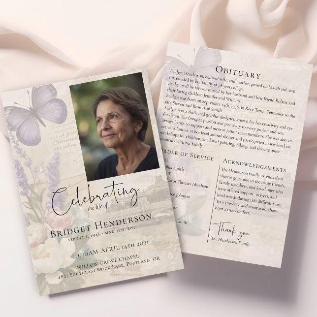 Programa Celebrating Life Lavander Butterfly Photo Funeral (Criador carregado)