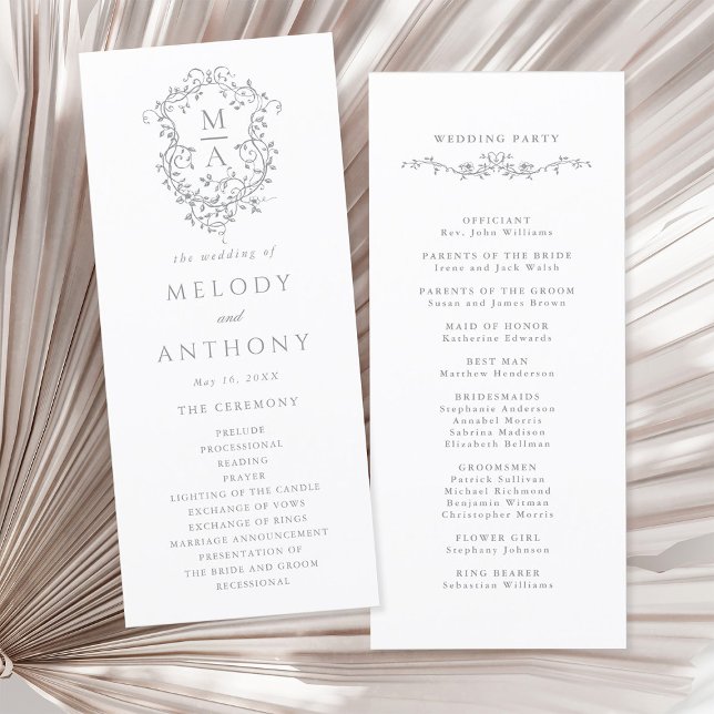 Programa Cerimônia Clássica de Casamento de Crest Floral da (Front & Back)