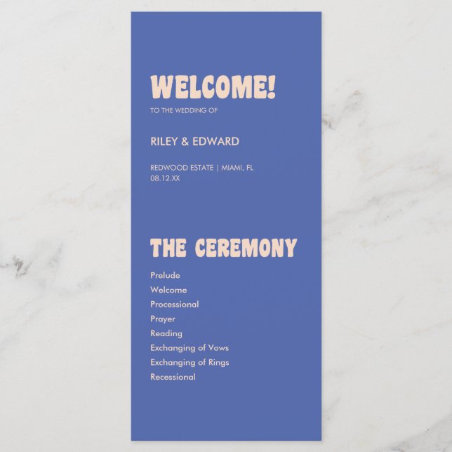 Programa Cerimônia de Casamento Azul e Bege Retro Moderno (Frente)