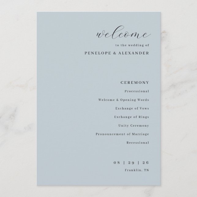 Programa Cerimônia de Casamento Azul Elegante (Frente)