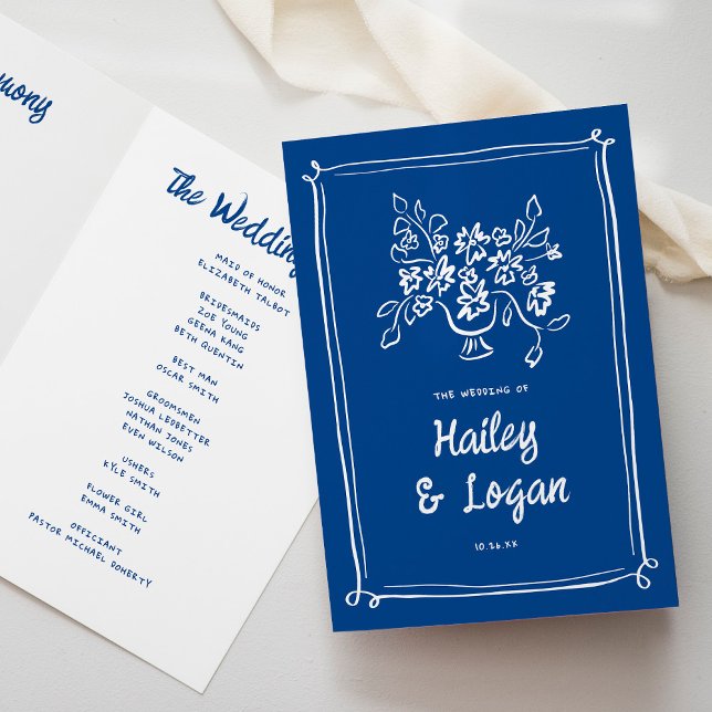 Programa Cerimônia de Casamento Azul Moderno Ilustrada (Criador carregado)