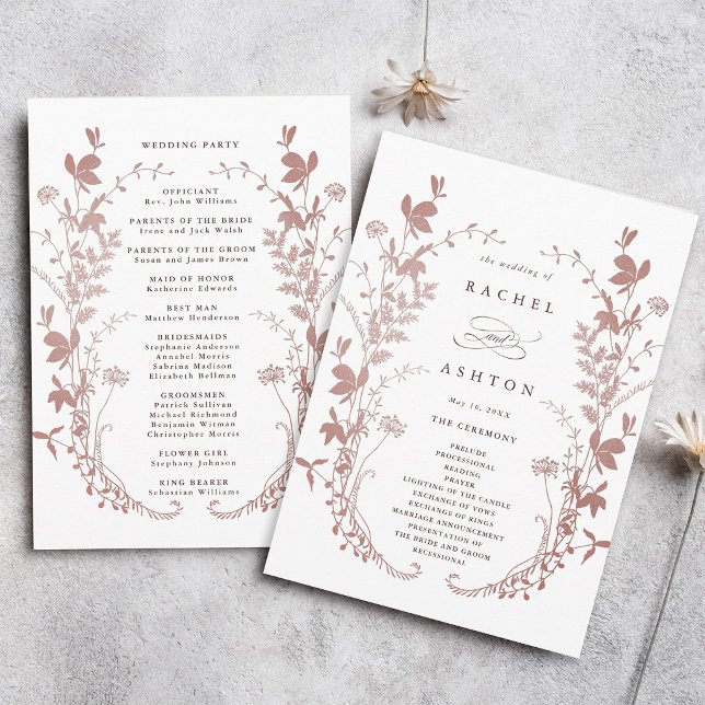 Programa Cerimônia de Casamento Botânico Rosa Poético (Front & Back)