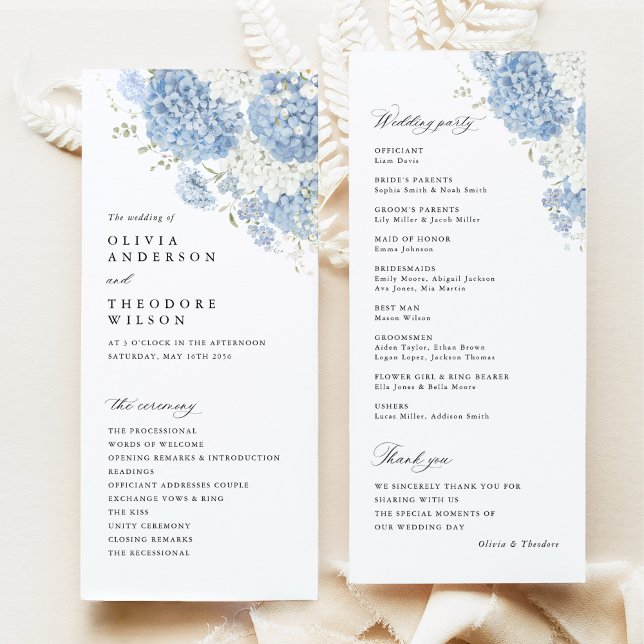 Programa Cerimônia de Casamento com Aquarela Azul Empoeirad (Dusty blue white hydrangea watercolor wedding ceremony program, front & back, elegant stationery)