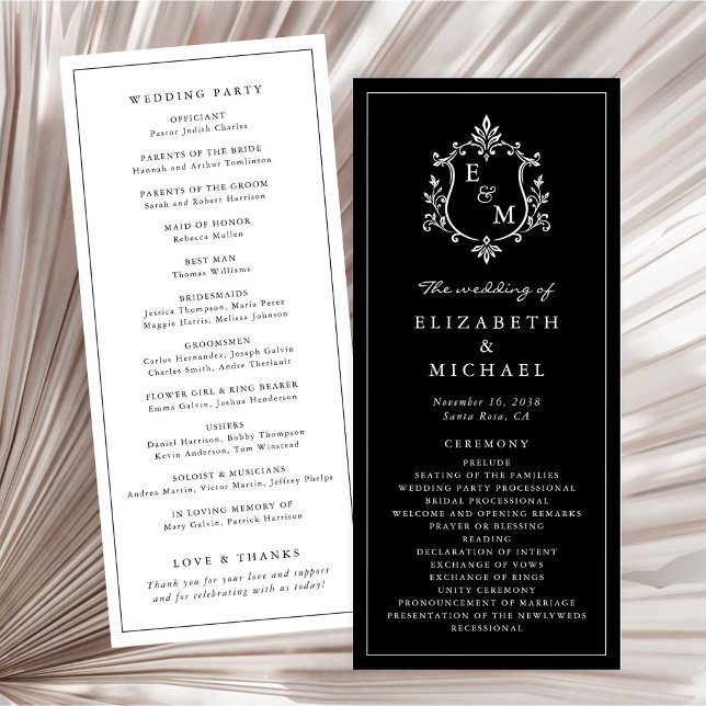 Programa Cerimônia de Casamento com Brasão de Monograma Ele (Elegant Monogram Crest Wedding Ceremony Program)