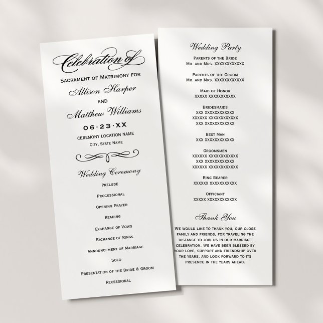 Programa Cerimônia de Casamento com Caligrafia Preta Elegan (Criador carregado)