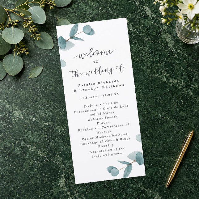 Programa Cerimônia de Casamento com Eucalipto em Letra Eleg (Eucalyptus Wedding Ceremony Program. Styling props not included.)