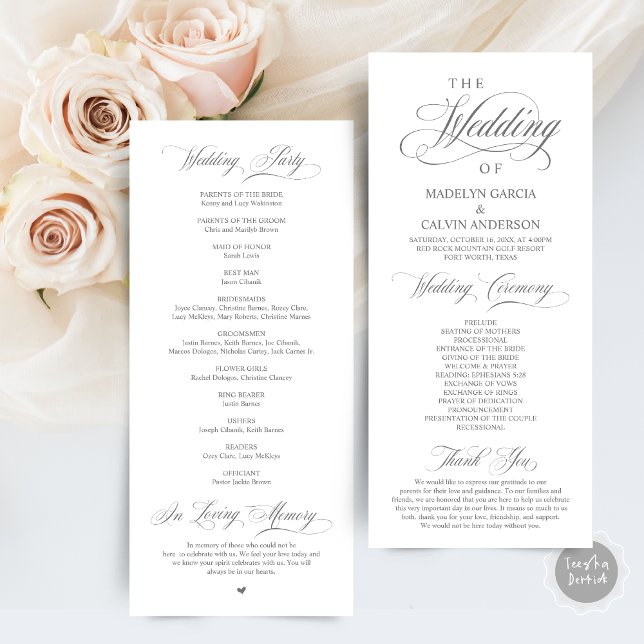 Programa Cerimônia de Casamento de Cinzas de Elegância Clás (Wedding Ceremony Program Card, in Classic Elegance Classy Delicate Dark Grey themed )