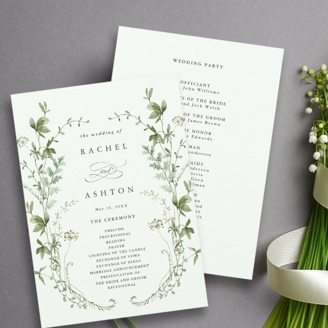Programa Cerimônia de Casamento de Flor Selvagem Verde-Pale (Criador carregado)