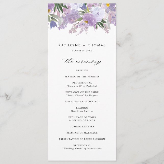 Programa Cerimônia de Casamento de Flores Roxas Empoeiradas (Frente)