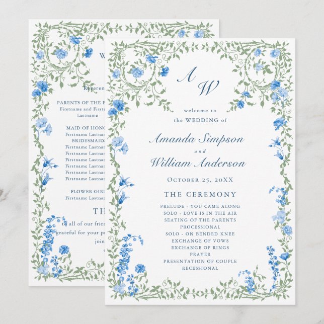 Programa Cerimônia de Casamento de Flores Selvagens de Aqua (Frente/Verso)