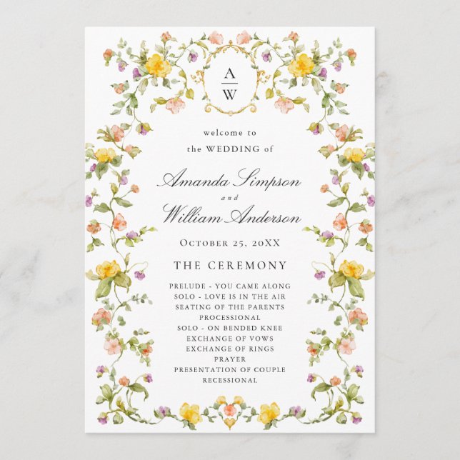 Programa Cerimônia de Casamento de Flores Selvagens de Aqua (Frente)