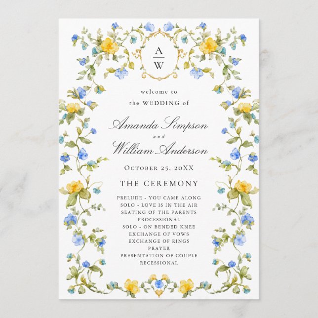 Programa Cerimônia de Casamento de Flores Selvagens de Aqua (Frente)