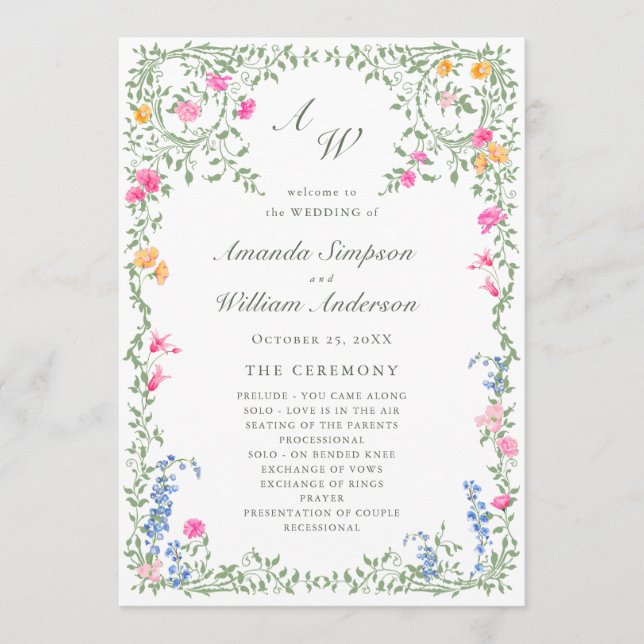 Programa Cerimônia de Casamento de Flores Selvagens de Aqua (Frente)