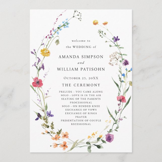 Programa Cerimônia de Casamento de Flores Selvagens de Aqua (Frente)