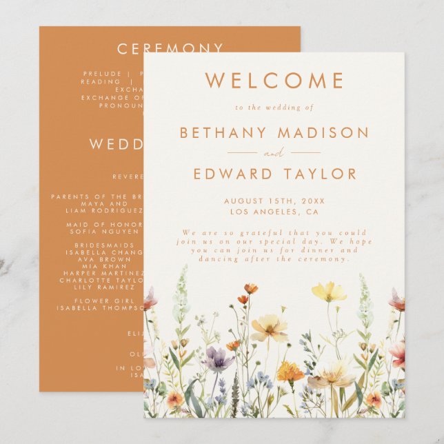 Programa Cerimônia de Casamento de Flores Silvestres Rústic (Frente/Verso)