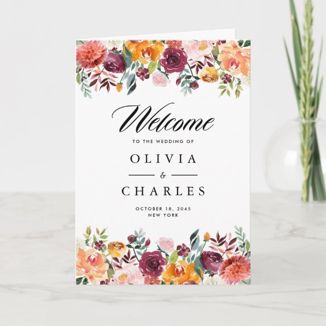 Programa Cerimônia de Casamento de Outono com Flores em Aqu (Frente)