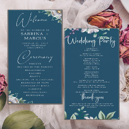 Programa Cerimônia de Casamento de Script Floral Azul-Marin