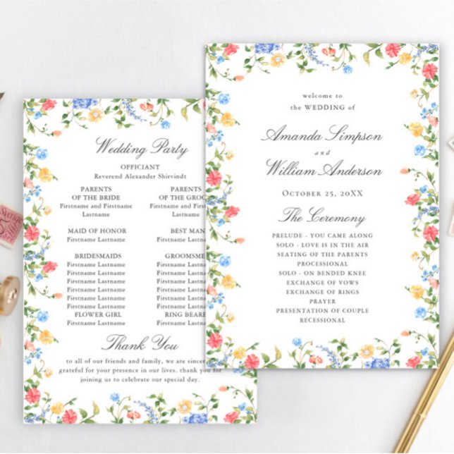 Programa Cerimônia de Casamento de Watercolor Meadow Wildfl (Criador carregado)