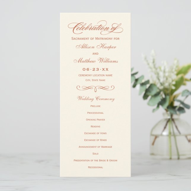 Programa Cerimônia de Casamento do Elegante Terracotta Scri (Em pé/Frente)