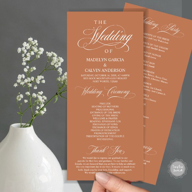 Programa Cerimônia de Casamento, Elegância Clássica em Cobr (Wedding Ceremony Program Card, in Modern Classy Elegant Design, in Copper Rust)