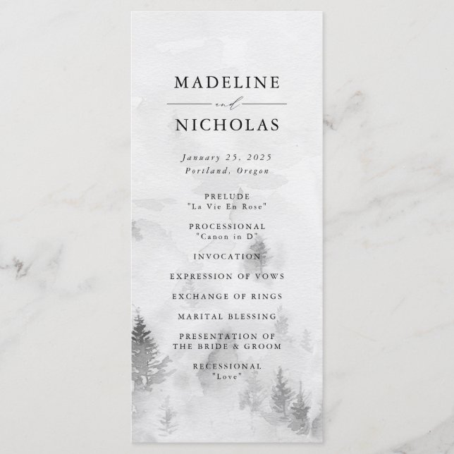 Programa Cerimônia de Casamento Elegante no Bosque Cinza de (Frente)