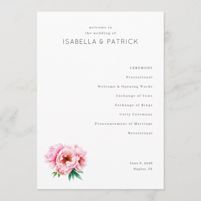 Programa Cerimônia de Casamento Elegante Peônia Branca (Frente)