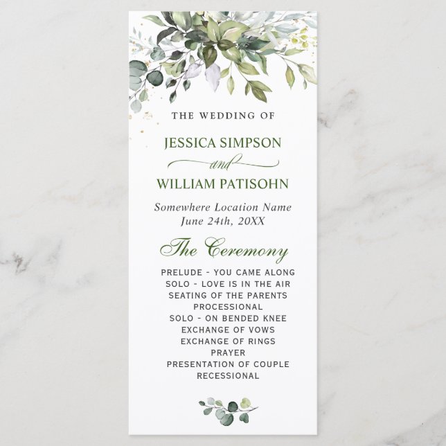 Programa Cerimônia de Casamento Eucalyptus com Aquarela Ele (Frente)
