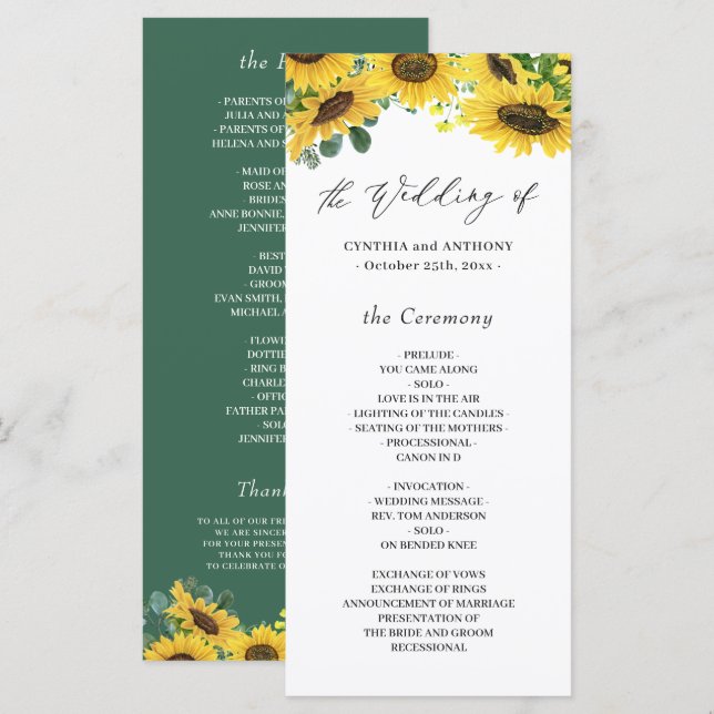 Programa Cerimônia de Casamento Eucalyptus Sunflower Elegan (Frente/Verso)