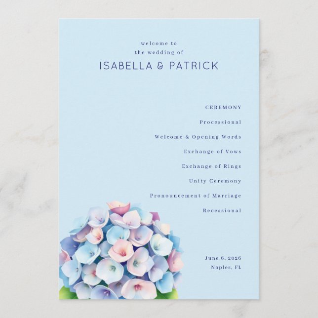 Programa Cerimônia de Casamento Floral Azul Sereno (Frente)