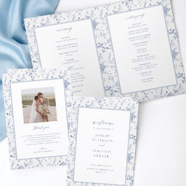 Programa Cerimônia de Casamento Floral Azul Vitoriano Toile