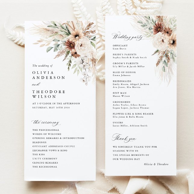 Programa Cerimônia de Casamento Floral com Grama de Pampas  (Boho Pampas Grass Floral Wedding Program Card, Rustic Ceremony Program, Neutral Wedding Stationery)