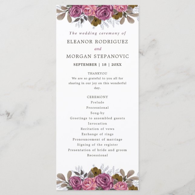 Programa Cerimônia de casamento floral cor-de-rosa rosa púr (Frente)