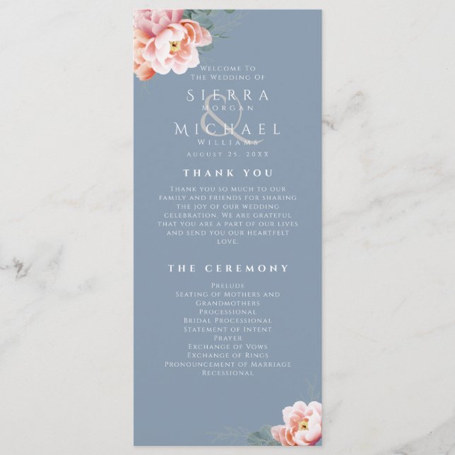 Programa Cerimônia de Casamento Floral de Blush Azul Modern (Frente)